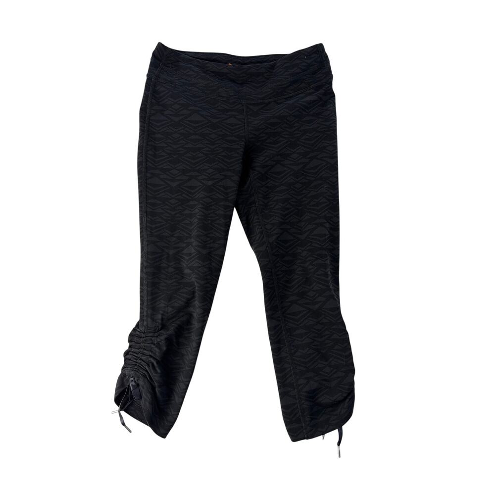Lucy Womens Capri Leggings Size Small Black Print Ruched Tie Hem Athletic Casual